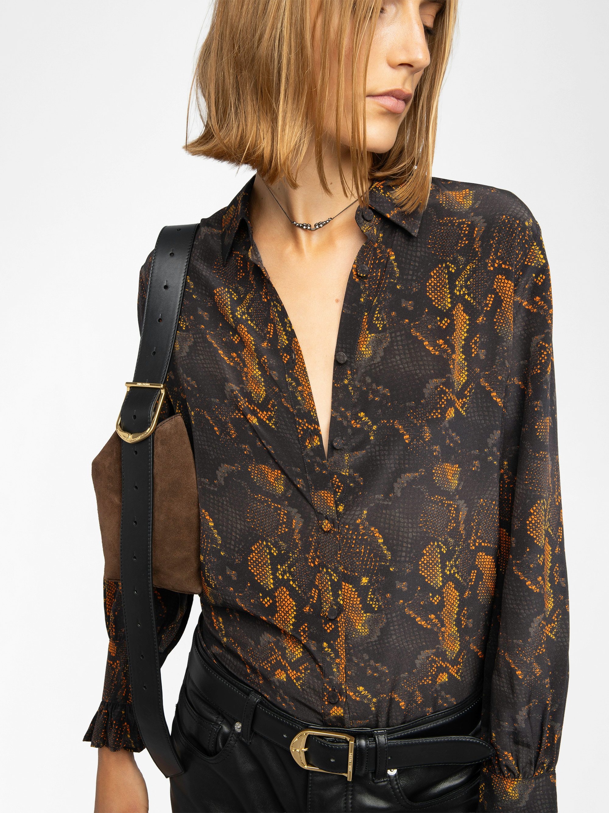 Thely 100% Silk Shirt - Printed silk shirt, long sleeves, button closure and embroidered wings on the back.